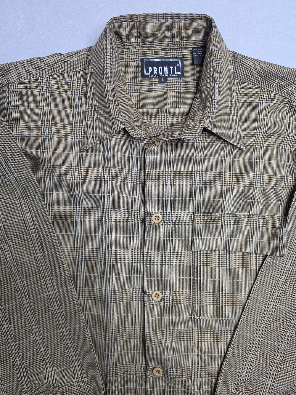 Pronti Men's L Glen Plaid Button Up Shirt Pointed Collar Brown‎ Tan Check